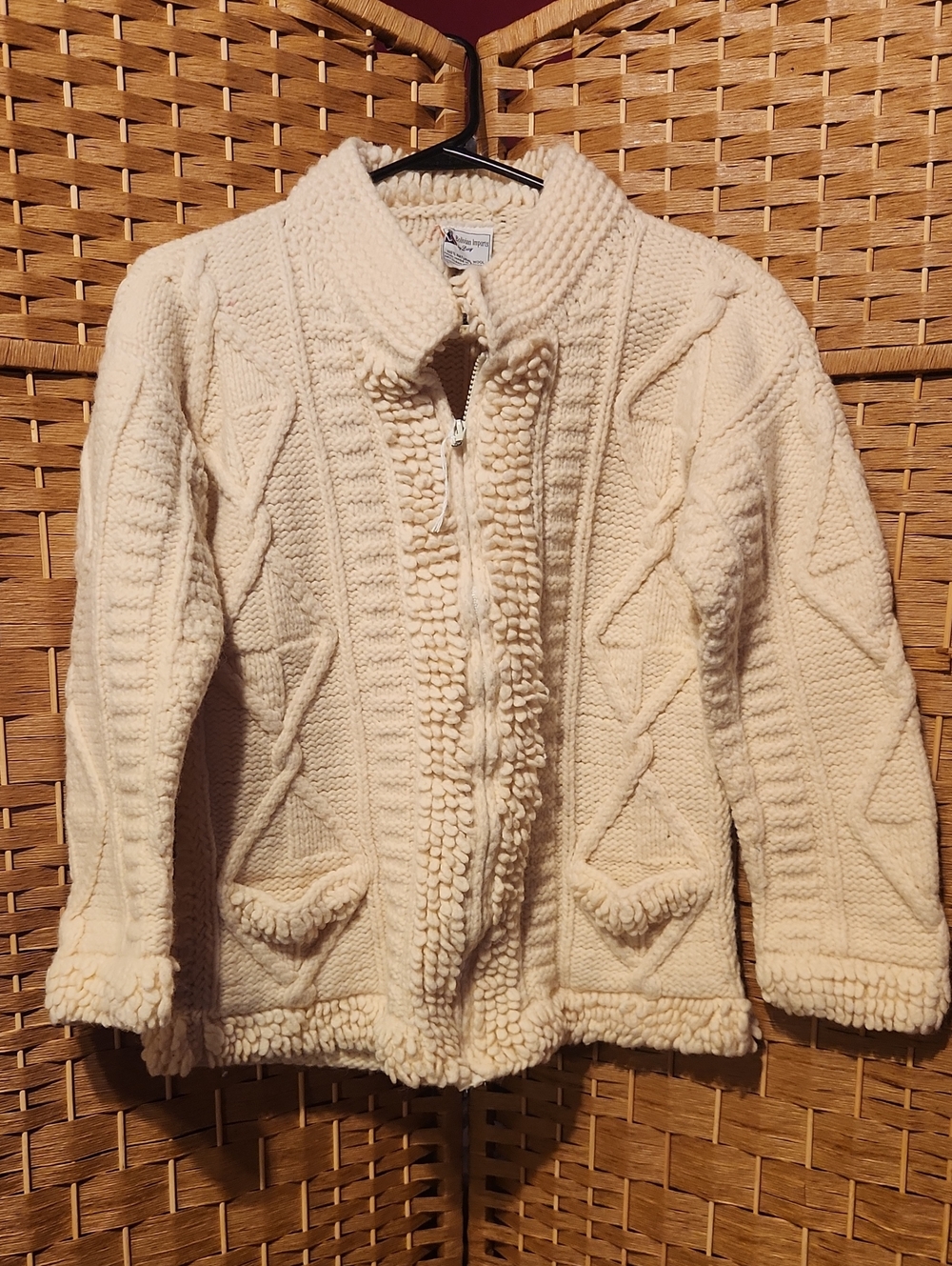 Bolivian Imports, Wool, Cream Chunky Thic, Knitted, Zip-Front Cardigan Sz M